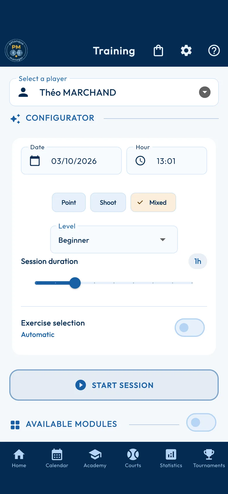 Training screen of the app