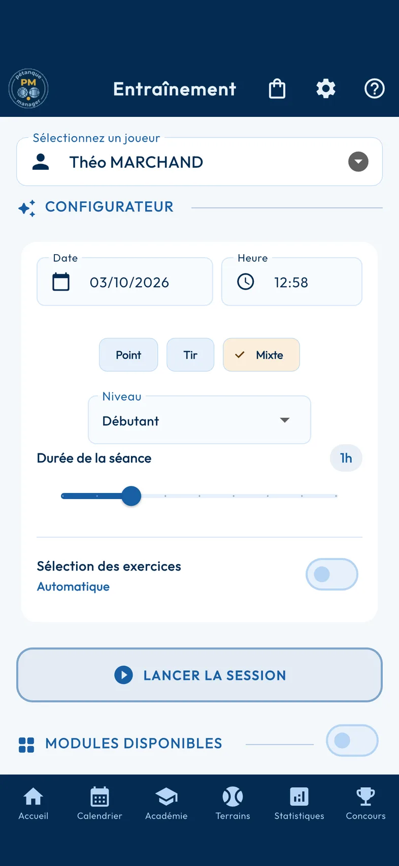 Écran Entraînement de l'application