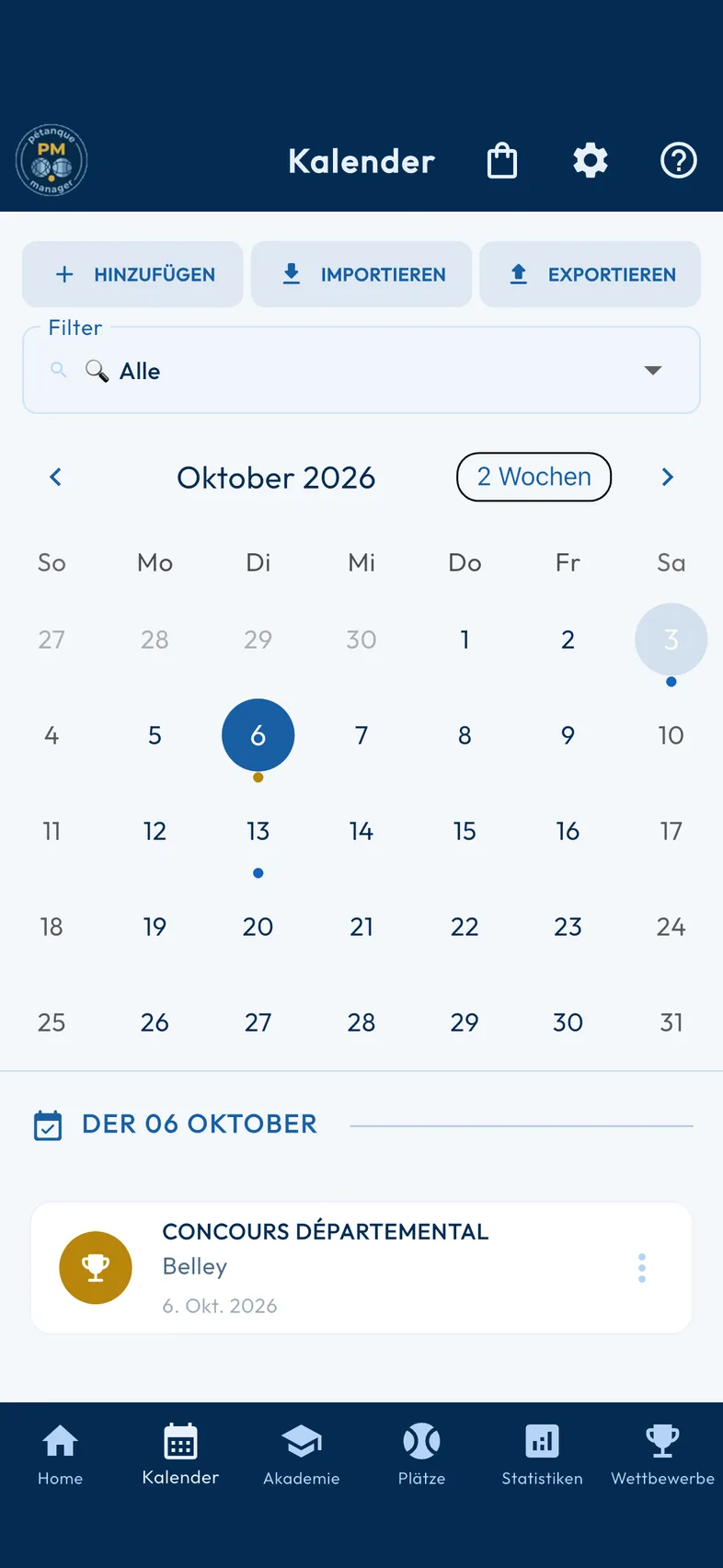 Integrierter Kalender von Pétanque Manager