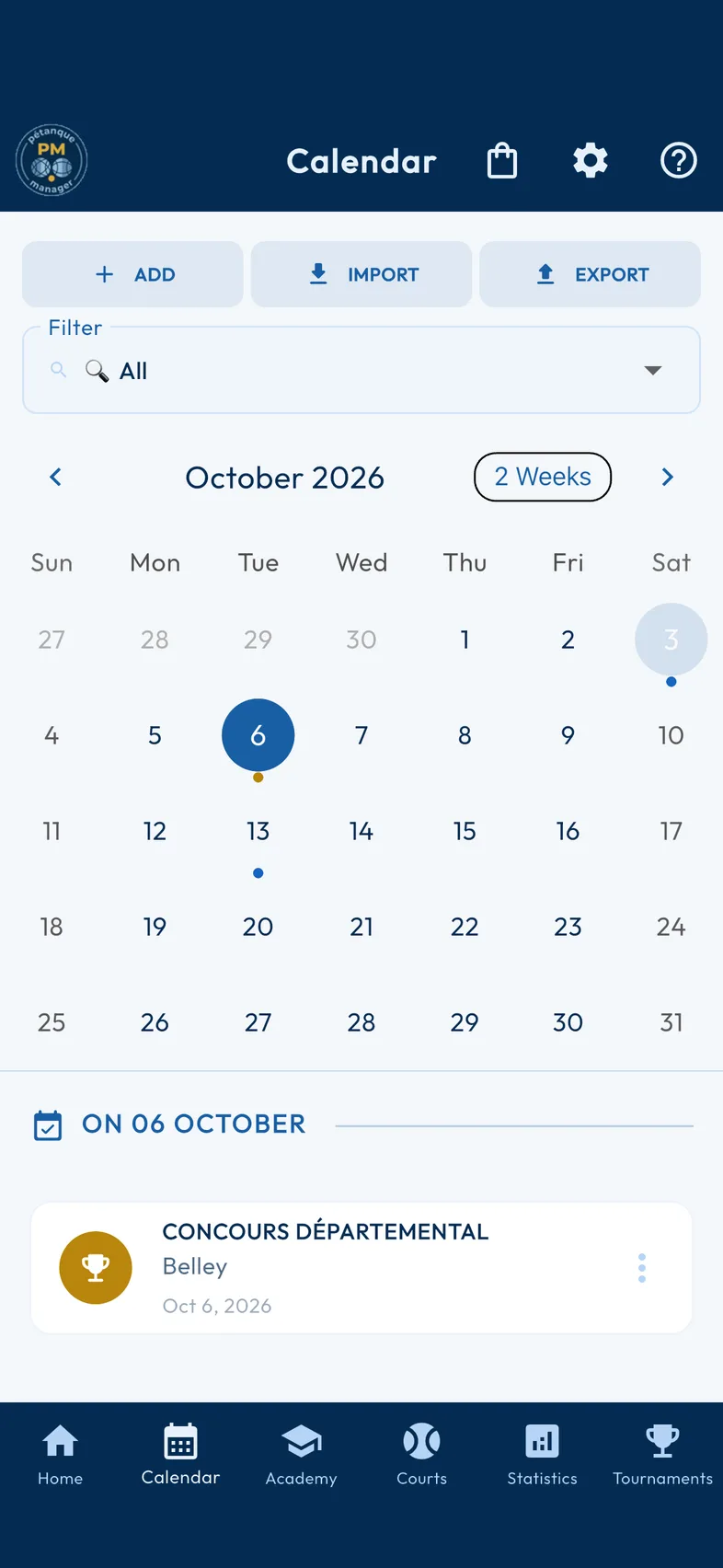 Pétanque Manager built-in calendar
