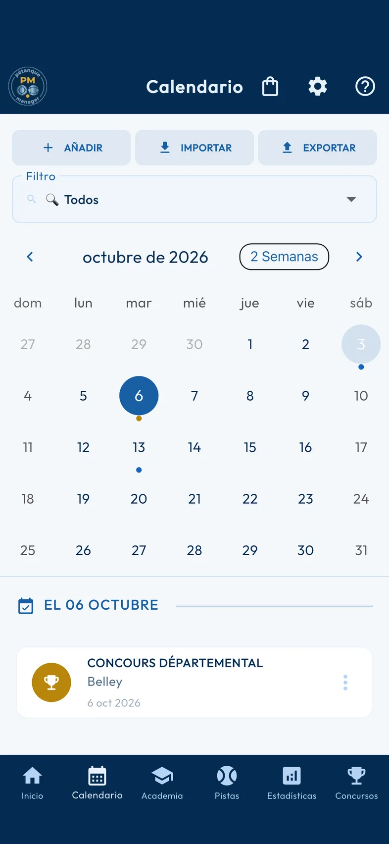 Calendario integrado de Pétanque Manager