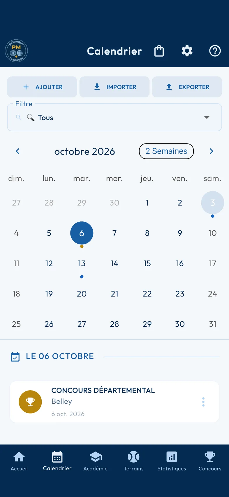 Calendrier intégré Pétanque Manager