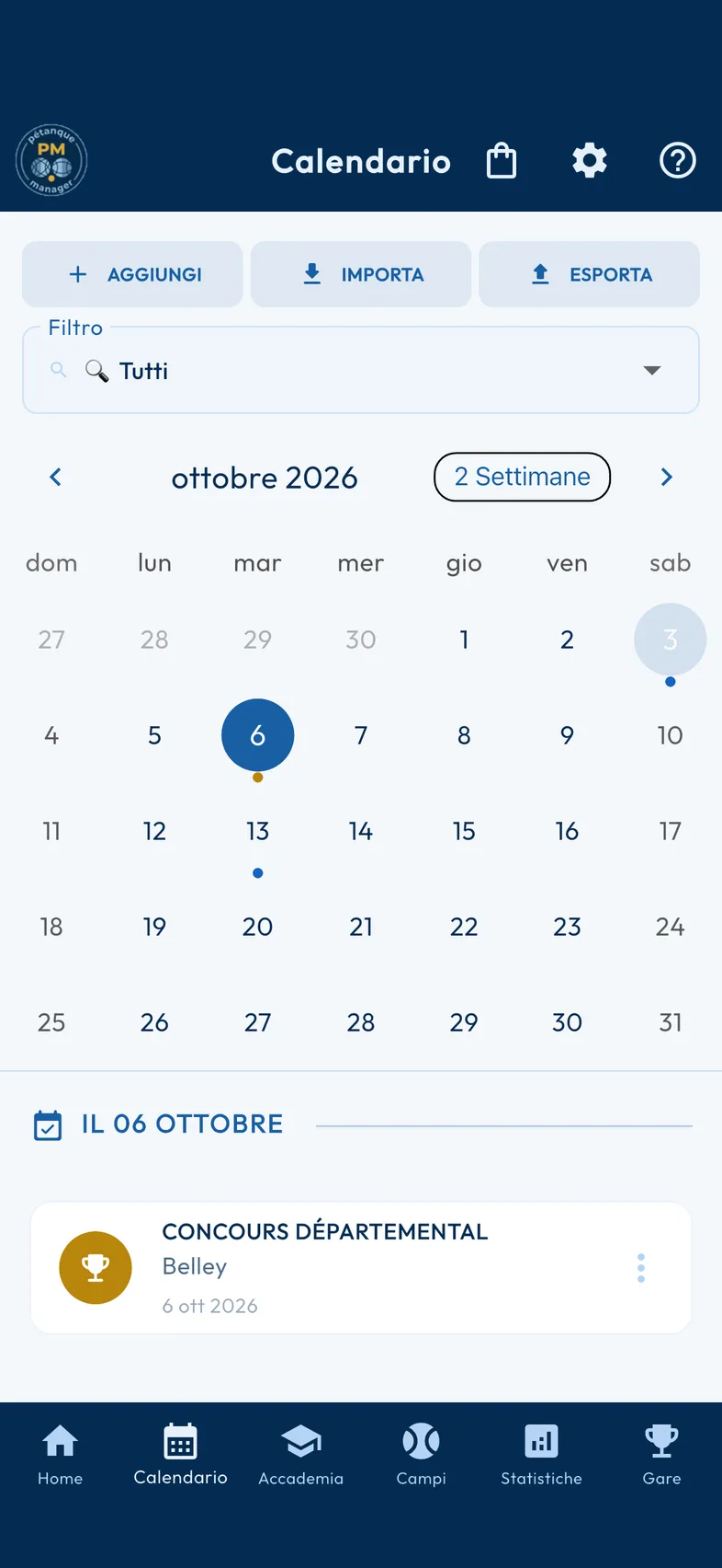 Calendario integrato di Pétanque Manager