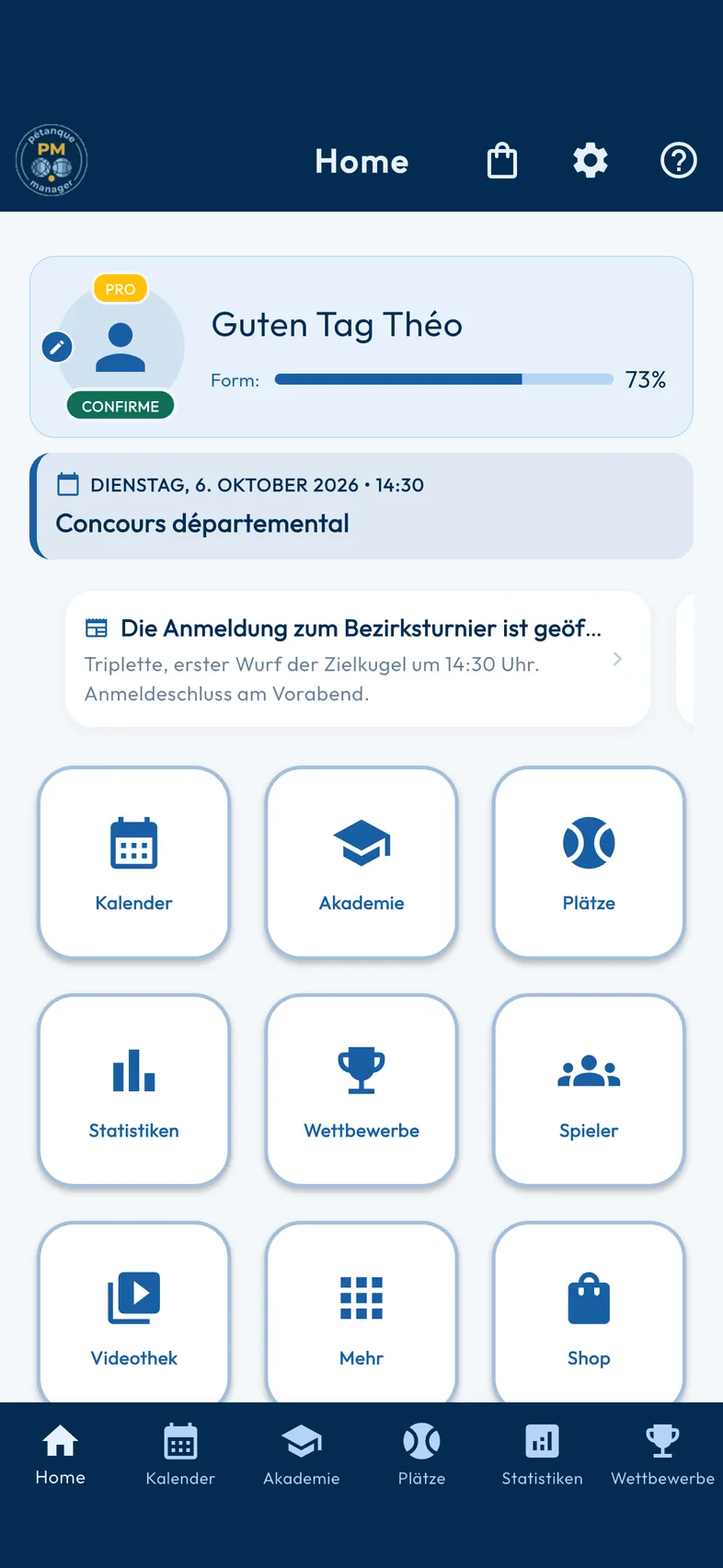 Dashboard-Oberfläche von Pétanque Manager