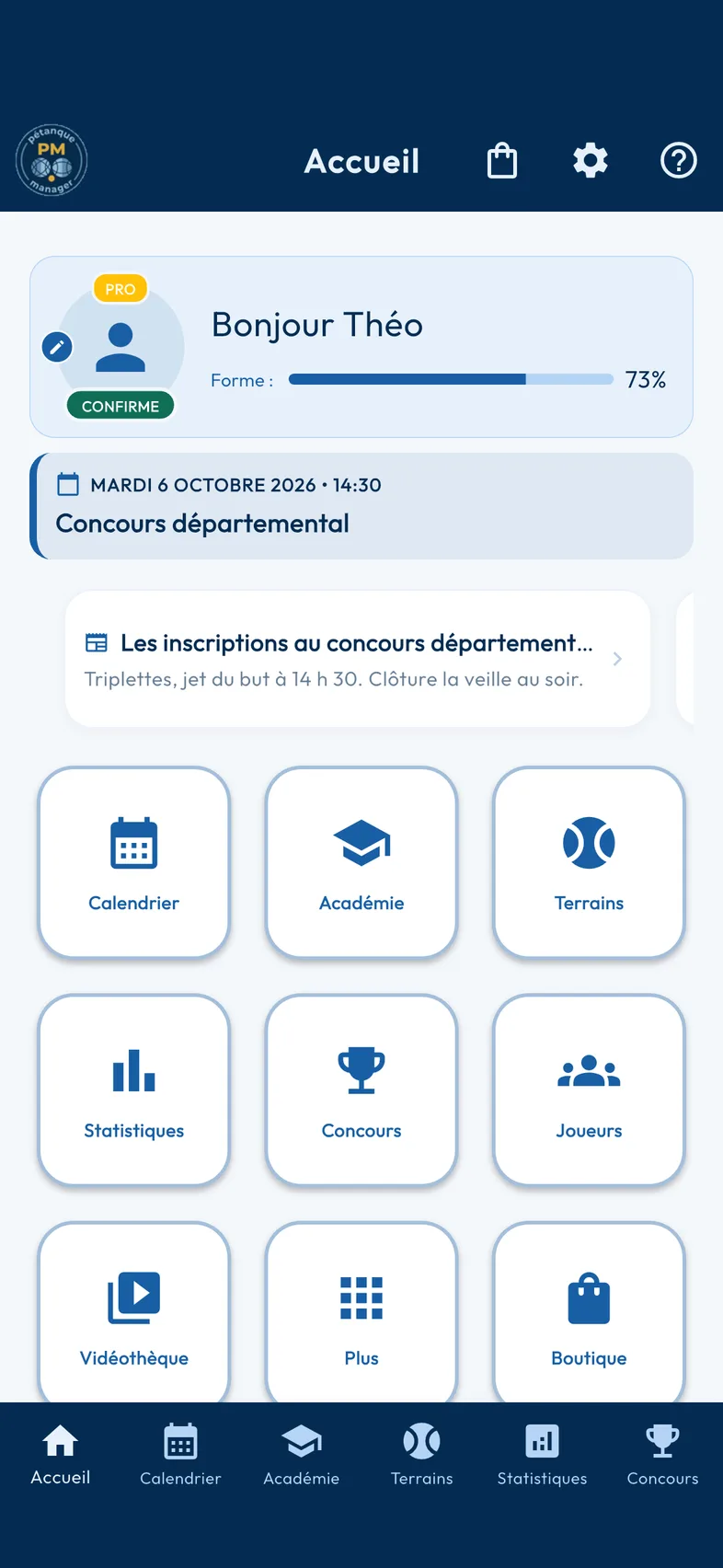 Interface du tableau de bord Pétanque Manager