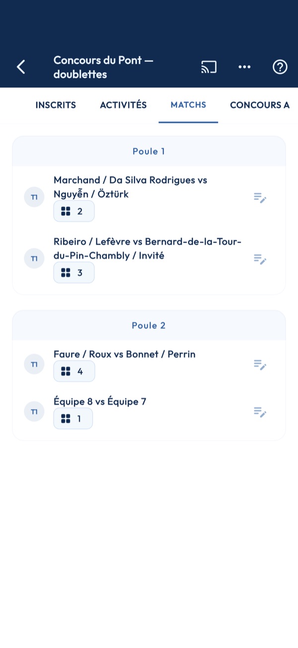 Dérouler un concours : tirage, scores et tableaux